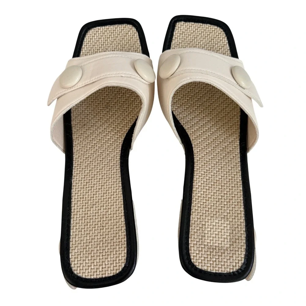 Cream Button Raffia Platform Slide‎ Sandals Square Toe Wedge Heels Size 42 US 9